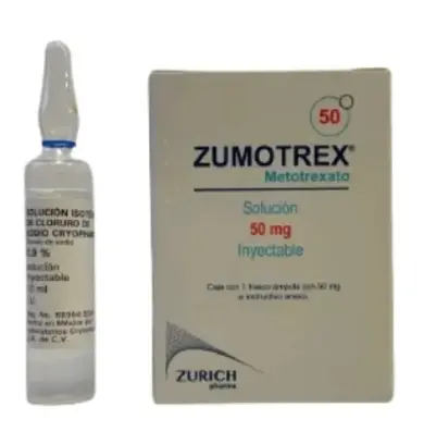 ZUMOTREX METOTREXATO. SOLUCIÓN INYECTABLE CADA FRASCO ÁMPULA CON LIOFILIZADO O SOLUCIÓN CONTIENE: METOTREXATO SÓDICO EQUIVALENTE A 50 MG DE METOTREXATO. ENVASE CON UN FRASCO ÁMPULA.