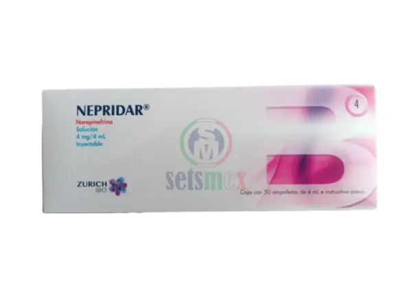 NEPRIDAR NOREPINEFRINA. SOLUCIÓN INYECTABLE CADA AMPOLLETA CONTIENE: BITARTRATO DE NOREPINEFRINA EQUIVALENTE A 4 MG DE NOREPINEFRINA. ENVASE CON 50 AMPOLLETAS DE 4 ML. ZURICH
