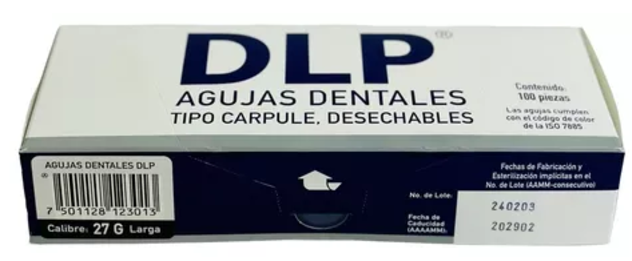AGUJA DENTAL TIPO CARPULE CALIBRE 27 G. LARGA CAPLE CON 100 PIEZAS DL AGD27LARGA-DLP