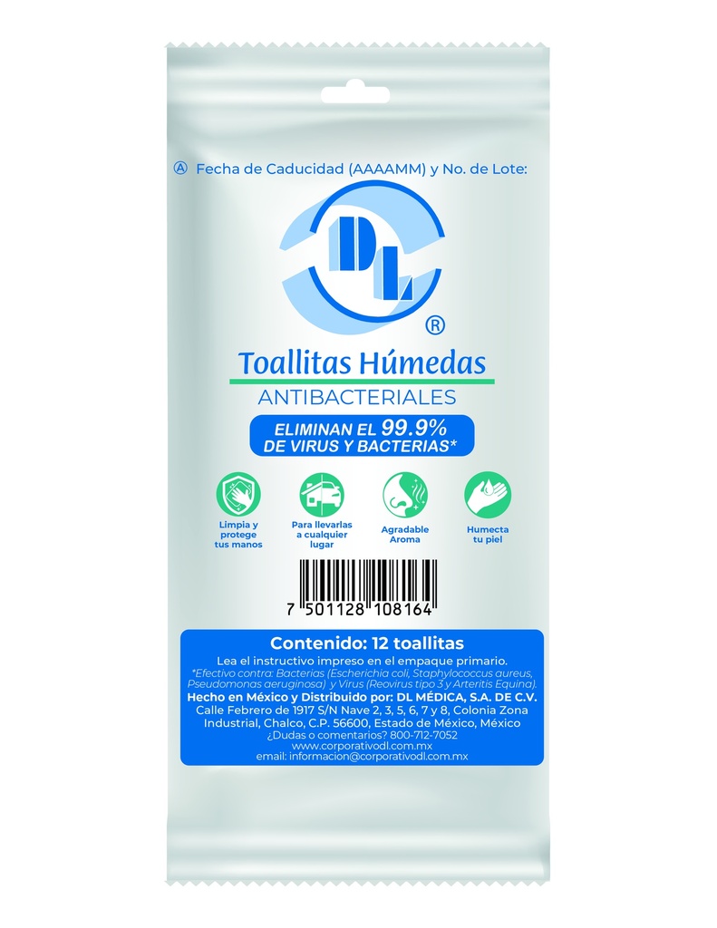 TOALLITAS HUMEDAS ANTIBACTERIALES CON ALOE VERA BOLSA CON 12 PIEZAS DL THABC12