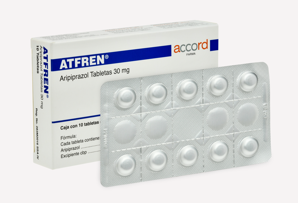 Atfren ARIPIPRAZOL 30mg. Envase con 10 tabletas. Seco, manejable hasta 25°C.                                                     