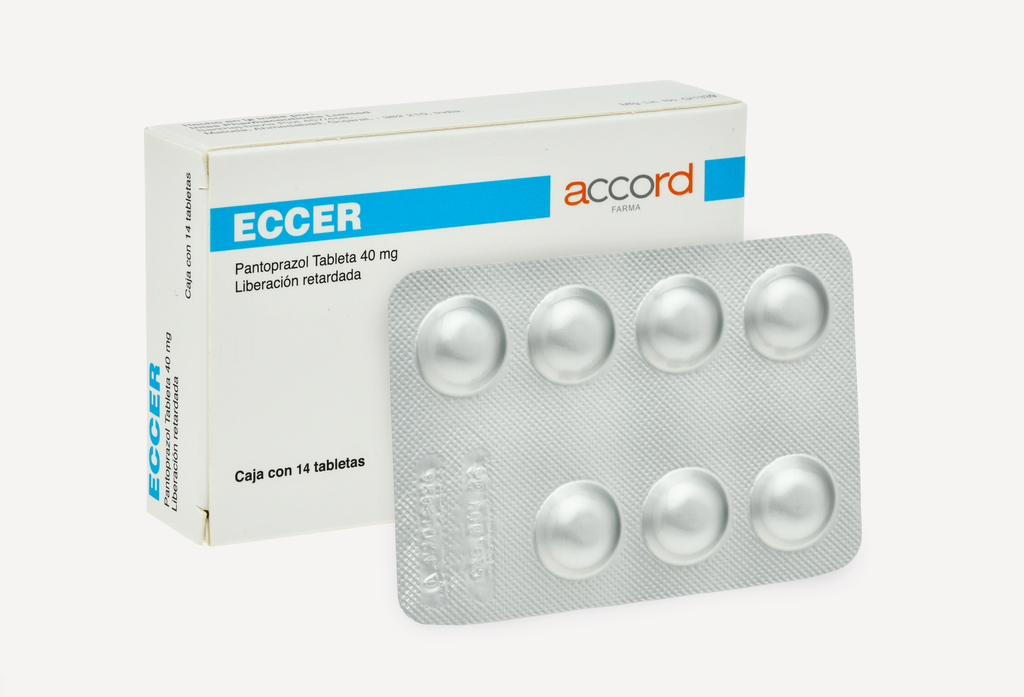 Eccer PANTOPRAZOL 40mg. Envase con 14 tabletas. Seco, manejable hasta 30°C.                                                     