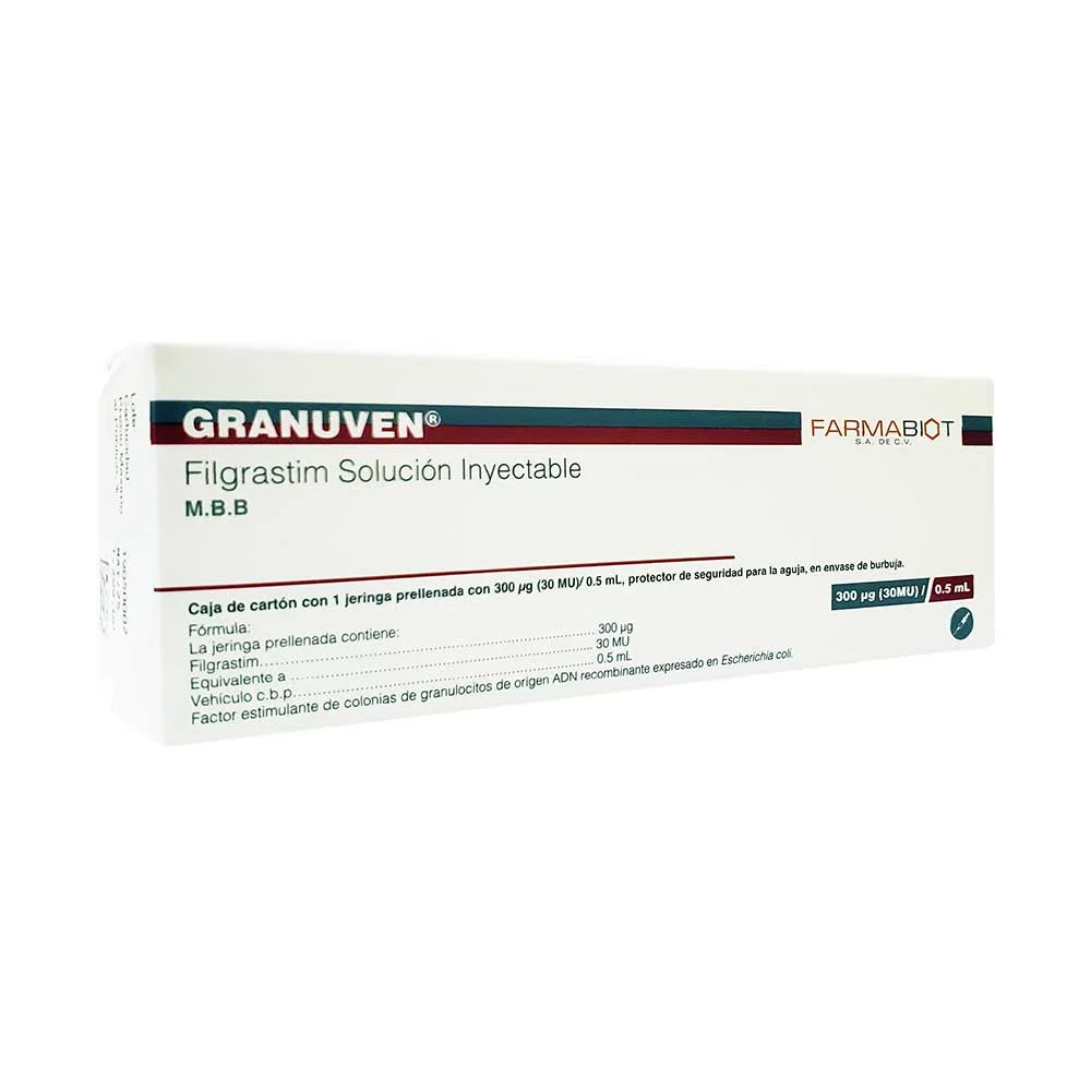 Granuven FILGRASTIM 300 mcg/0.5mL, envase  con 5 jeringas prellenadas  Ref fria, manejable de 2°C a 8°C. ACCORD