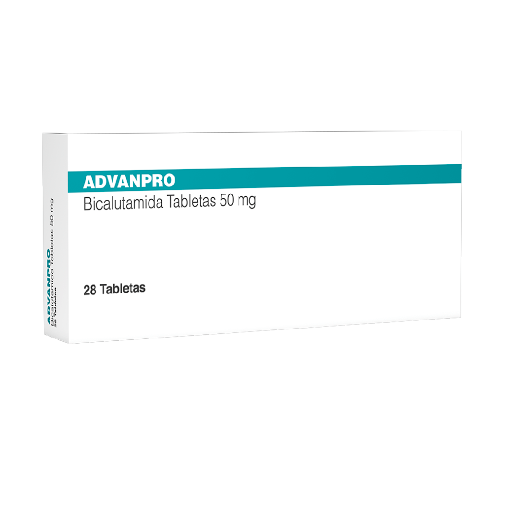 Advanpro BICALUTAMIDA 50mg. Envase con 28 tabletas. Seco, manejable hasta 25°C.                                                     