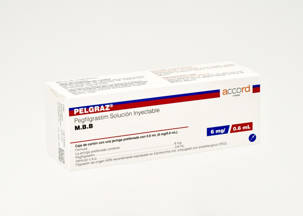 Pelgraz PEGFILGRASTIM 6mg/ .60ml. Envase con 1 jeringa prellenadas  Ref fria, manejable de 2°C a 8°C