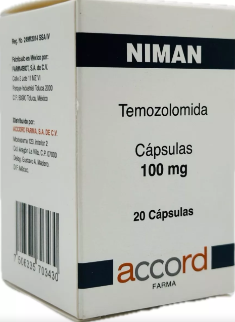  Niman TEMOZOLOMIDA 100mg. Envase con 20 capsulas  Seco, manejable hasta 25°C.                                                     