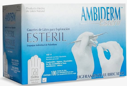 Ambiderm Guante de látex natural talla mediano para exploración, ambidiestro, estériles, desechables, textura lisa, color natural, ajuste perfecto y confortable, lubricados con polvo. Espesor 0.10mm; Elongación 800%. con 100 piezas.