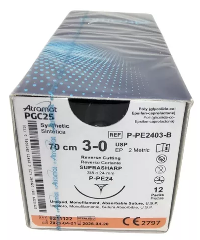 Atramat Suturas Sintéticas no absorbibles monofilamento de polipropileno con aguja. Longitud de la hebra: 45 cm Calibre de la sutura: 3-0 Características de la aguja: 3/8 de círculo reverso cortante (24-26 mm). Envase con 12 piezas. ATRAMAT