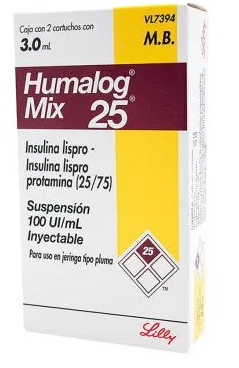 Humalog mix Insulina lispro protamina. Suspensión Inyectable Cada ml contiene: Insulina lispro (origen ADN recombinante) 25 UI Insulina lispro protamina (origen ADN recombinante) 75 UI Envase con dos cartuchos con 3 ml. 