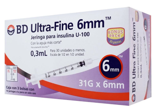 Jeringa Desechable Ultra Fine 0.3 Ml 31 G X 6 Mm 30 Piezas