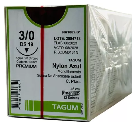 Tagun Suturas Sintéticas no absorbibles monofilamento de nylon con aguja. Longitud de la hebra: 45 cm Calibre de la sutura: 3-0 Características de la aguja: 3/8 de círculo cortante (19-26 mm) Envase con 12 piezas.