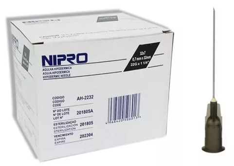 AGUJA HIPODERMICA (Nipro) 22Gx1"(25mm) Cja. c/100 Pzs. Aguja hipodérmica 22x25 [Corta, Color negro] NA