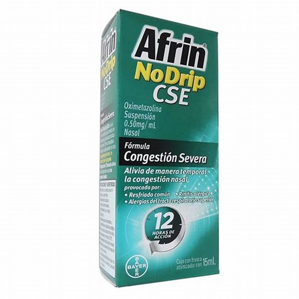 AFRIN NO DRIP CSE 12H SUSP. Nasal Fco. Atomizador 15 ML. 0.50 MG/1 ML. Oximetazolina (Sol. Nasal) ADULTO.