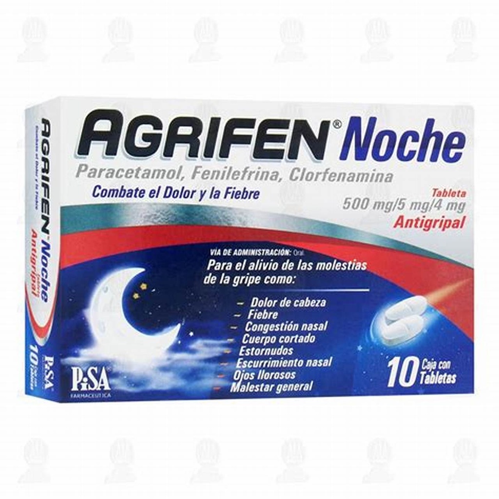 AGRIFEN Noche c/10 TABS. 500/5/4 MG. Clorfenamina+Fenilefrina+Paracetamol (Tabs. Orales Adulto) NA