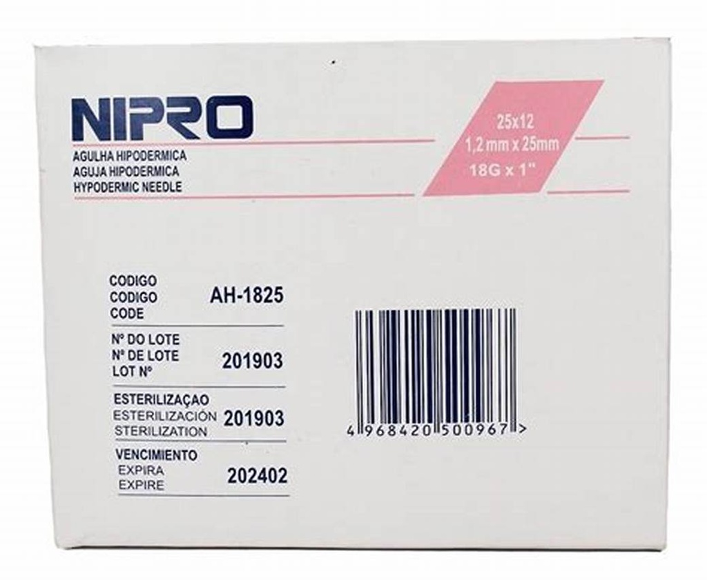 AGUJA HIPODERMICA (Nipro) 18Gx1"(25mm) Cja. c/100 Pzs. Aguja hipodérmica 18x25 [Corta, Color rosa] NA