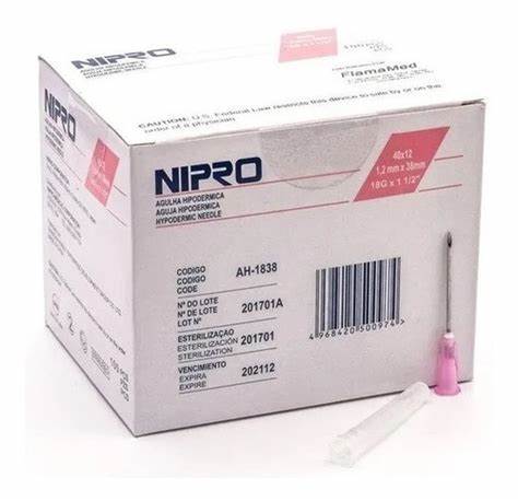 AGUJA HIPODERMICA (Nipro) 18Gx1-1/2"(38mm) Cja. c/100 Pzs. Aguja hipodérmica 18x38 [Larga, Color rosa]