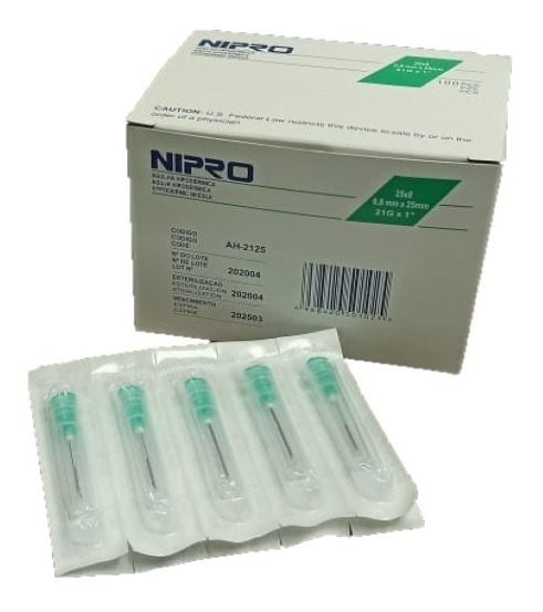 AGUJA HIPODERMICA (Nipro) 21Gx1"(25mm) Cja. c/100 Pzs. Aguja hipodérmica 21x25 [Corta, Color verde] NA