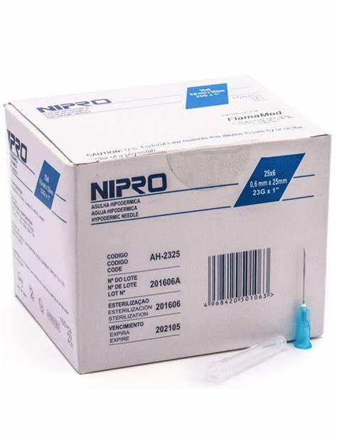 AGUJA HIPODERMICA (Nipro) 22Gx1-1/2"(38mm) Cja. c/100 Pzs. Aguja hipodérmica 22x38 [Larga, Color negro] NA