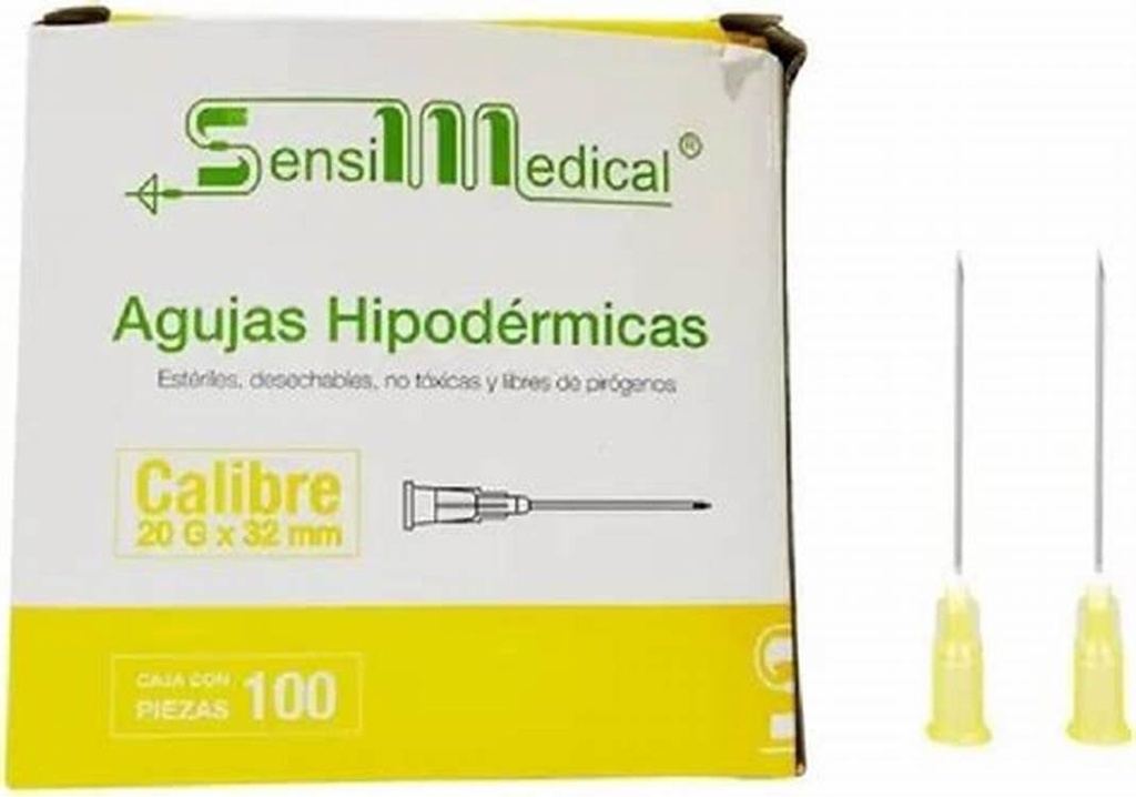 AGUJA HIPODÉRMICA (SensiMedical) 20Gx1-1/4"(32mm) Cja. c/100 Pzs. Aguja hipodérmica 20x32 [Normal, Color Amarillo] NA