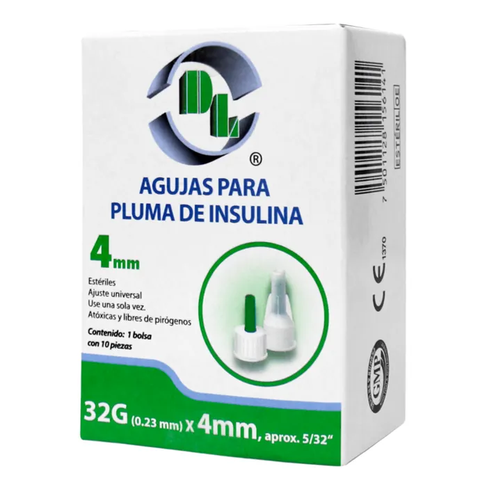 AGUJAS PARA PLUMA DE INSULINA (DL) 32Gx4mm. Caja c/10 Pzs. Aguja para dispositivo de inyección de insulina tipo pluma 32x4mm. NA