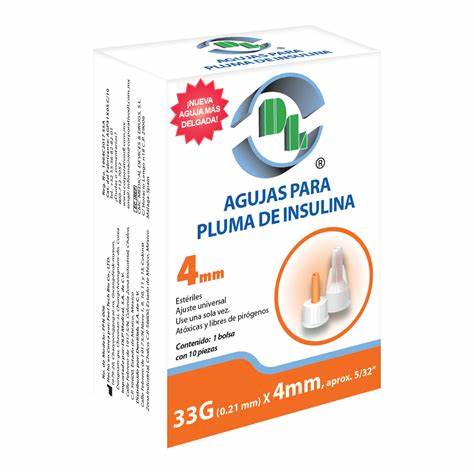 AGUJAS PARA PLUMA DE INSULINA (DL) 33Gx4mm. Caja c/10 Pzs. Aguja para dispositivo de inyección de insulina tipo pluma 33x4mm. NA