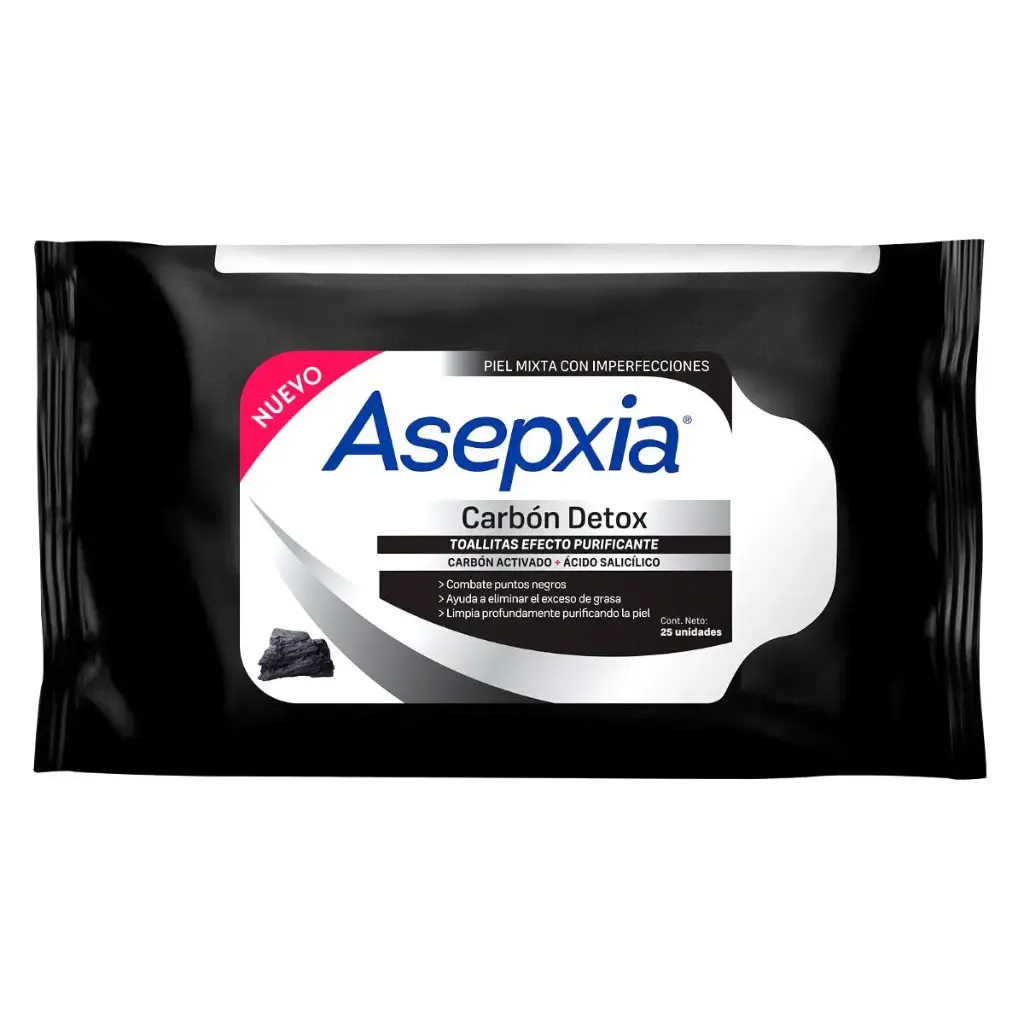 ASEPXIA Carbón Detox TOALLITAS PURIFICANTES Bolsa c/25 Pzs. Carbón activado (Mascarilla) NA