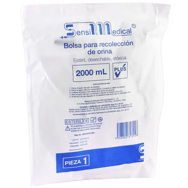 [7506022313157] BOLSA PARA RECOLECCION DE ORINA "Plus" (SensiMedical) Cap. 2 Lts. Sistema para drenaje urinario con sujetador universal 