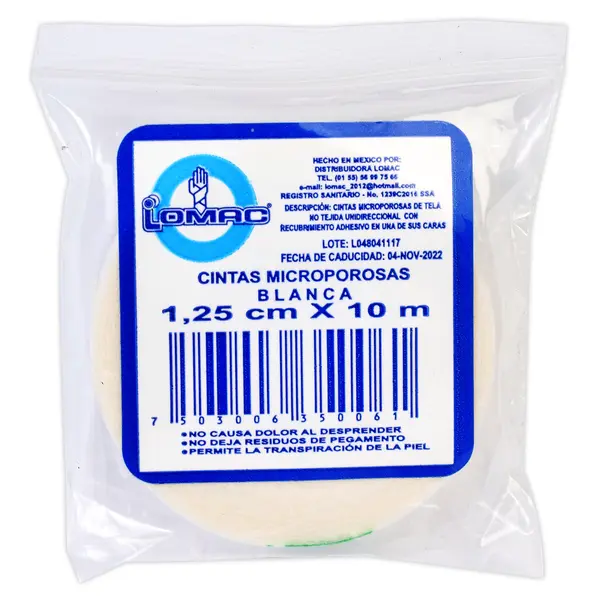 CINTA MICROPOROSA (Lomac) Rollo Col. Piel A: 1.25cm; L: 10m. Bolsa c/1 Pza. 