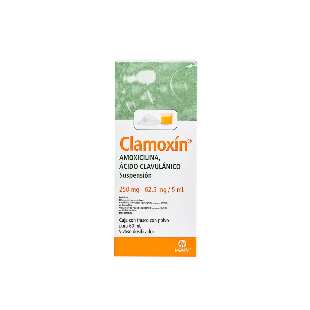 CLAMOXIN SUSP. Fco. 60 ML. 250-62.50 MG/5 ML. Amoxicilina+Ácido Clavulánico 250/62.50mg. (Susp. Oral). MAVER 