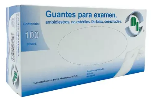 GUANTE LÁTEX EXPLORACIÓN No Estéril (DL) MED. c/100 Pzs. Guantes de Látex para exploración/examen No estéril  (MEDIANO) NA