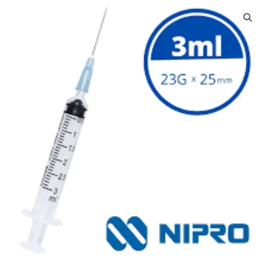 JERINGA  3 mL. (Nipro) c/AGUJA 23Gx25mm. c/1 Pza. Jeringa 3mL con aguja 23x25 (Long. corta, Color azul) 