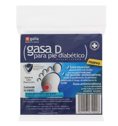 GASA "D" PARA PIE DIABÉTICO (Galia) Estéril 10x10cm. Bolsa c/10 Sobs. Gasa compuesta Antimicrobiana con Cloruro de Plata. 
