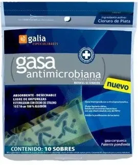 GASA ANTIMICROBIANA (Galia) Estéril 10x10cm. Bolsa c/10 Sobs. Gasa compuesta Antimicrobiana con Cloruro de Plata. 