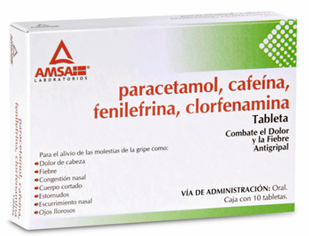 PARACETAMOL/CAFEÍNA/FENLNA./CLRFNA. (Amsa) c/10 TABS. 500/25/5/4 MG. Paracetamol+Cafeína+Fenilefrina+Clorfenamina (CLORFENAMINA COMPUESTA). NA