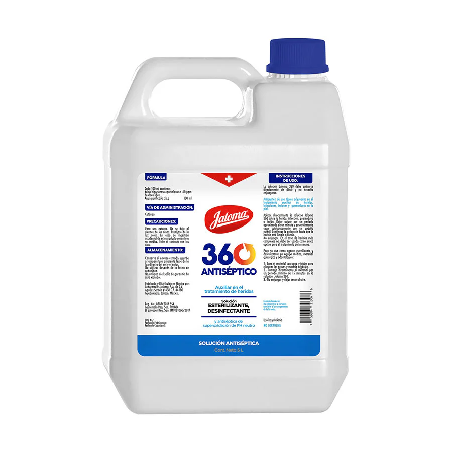 360 ANTISÉPTICO SOLUCIÓN Envase c/5 L. 60 PPM. Antiséptico a base de Agua de superoxidación (Solución Tópica).
