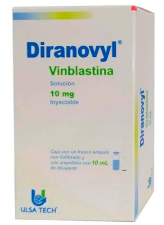 Vinblastina Solución Inyectable. Cada frasco ámpula con liofilizado contiene: Sulfato de vinblastina 10 mg. Envase con un frasco ámpula con o sin diluyente de 10 mL.