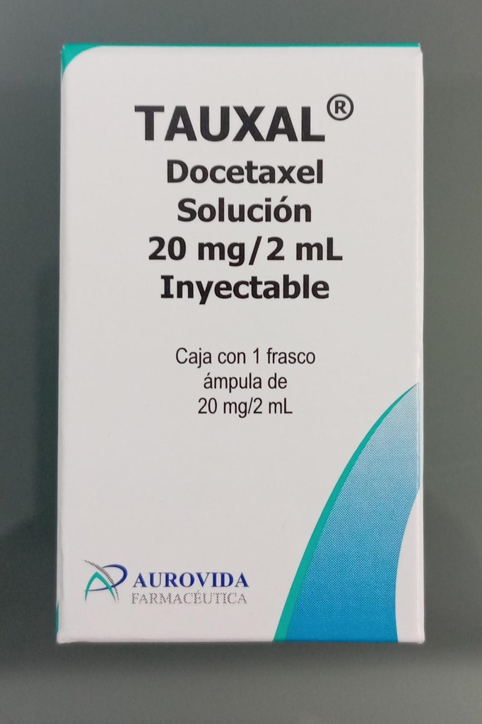 Tauxal Docetaxel Solución inyectableCada frasco ámpula contiene: Docetaxel anhidro o trihidratado equivalente a 20 mg de docetaxel. Envase con frasco ámpula con 20 mg con 2 ml.