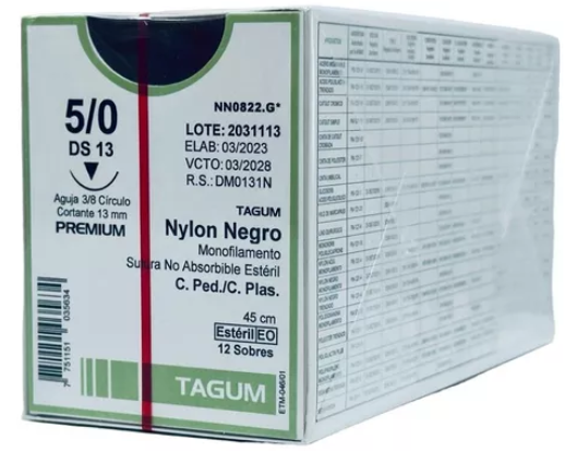 Tagun Suturas Sintéticas no absorbibles monofilamento de nylon con aguja. Longitud de la hebra: 45 cm Calibre de la sutura: 5-0 Características de la aguja: 3/8 de círculo cortante (19-26 mm) Envase con 12 piezas.