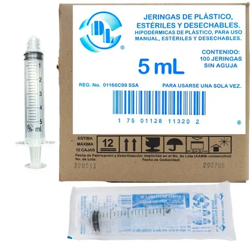 Jeringa de plastico esteril y desechable 5ml, sin aguja. Caja con 100 piezas.