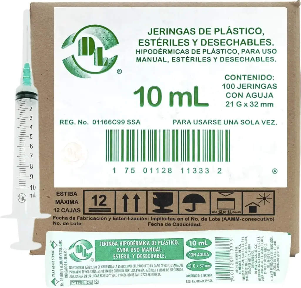 JERINGA 10 mL. (DL) c/AGUJA 21Gx32mm. c/100 Pzs. (Long. normal, Color verde) 