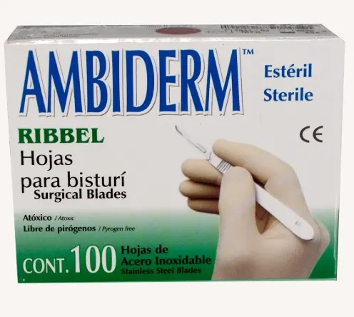 HOJAS PARA BISTURÍ #20 ESTERILES ACERO INOX CAJA CON 100 PZS AMBIDERM 