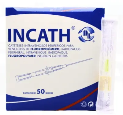 INCATH CATETER INTRAVENOSO, PERIFÉRICO PARA VENOCLISIS DE FLUOROPOLÍMERO, RADIOPACOS. 24G x 19MM AMARILLO C/50 PZS DLP