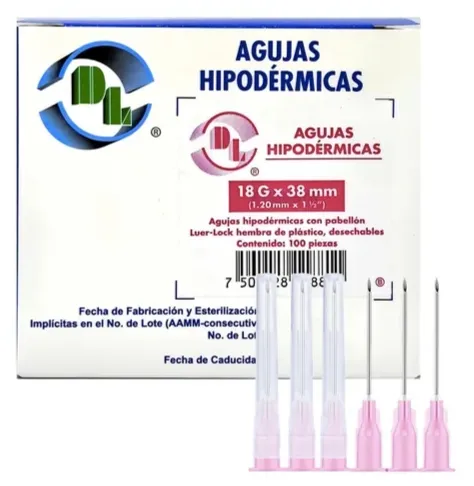 AGUJA HIPODERMICA ESTERIL DESECHABLE CON PABELLON LUER-LOCK HEMBRA DE PLASTICO DE 18 GA CALIBRE 38 G. ENVASE CON 100 PIEZAS