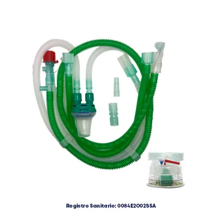 [INT2025310] CIRCUITO RESPIRATORIO FLEXTUBE DE 22MM CON CABLE CALENTADOR EN LA FASE INSPIRATORIA, TRAMPA DE AGUA EN LA EXPIRATORIA, CAMARA DE HUMIDIFICACION DE AUTOLLENADO Y RAMAL DE 0.5M, LONGITUD 1.6M, DOS CONECTORES RECTOS 22M- 22M, PUERTO PARA MDI Y TAPON DE SEGURIDAD.