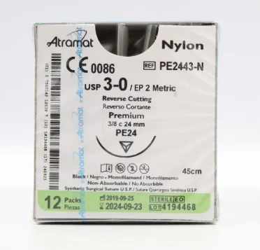 Sutura Nylon Negro usp 3-0, 45 cm Aguja pe-24 Reverso Cortante Premium 24 mm 3/8 circulo