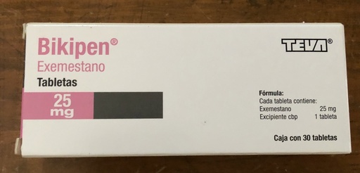 [7501559606178] Bikipen Exemestano Gragea Cada gragea contiene: Exemestano 25.0 mg. Envase con 30 grageas. TEVA