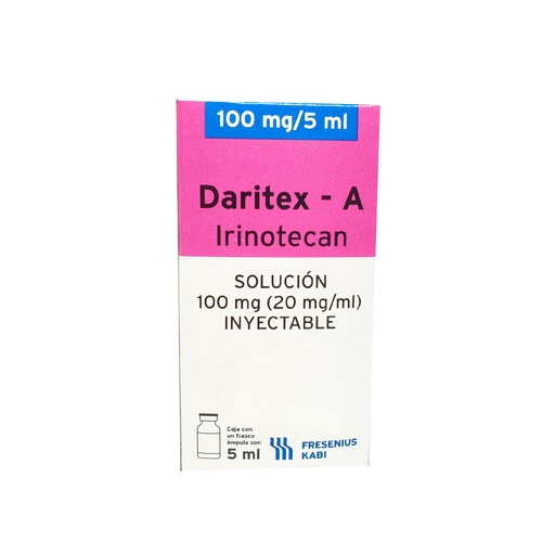 [8901038410583] Daritex-A Irinotecan Solución Inyectable El frasco ámpula contiene: Clorhidrato de irinotecan ó clorhidrato de irinotecan trihidratado 100 mg Envase con un frasco ámpula con 5 ml FRESSENIUS KABI 