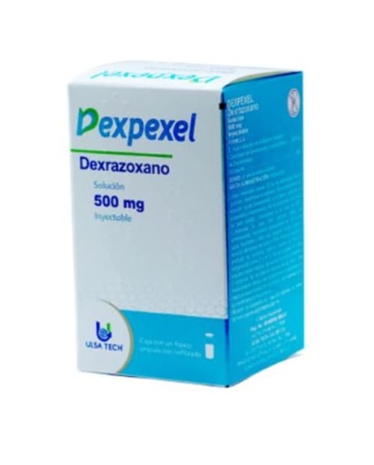 [7506429600287] Dexpexel Dexrazoxano Solución Inyectable El frasco ámpula contiene: Clorhidrato de dexrazoxano equivalente a 500 mg de dexrazoxano. Envase con un frasco ámpula. ULSA