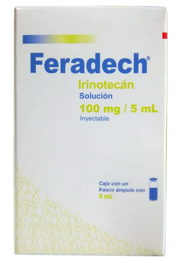[7502216806979] Feradech Irinotecan Solución Inyectable El frasco ámpula contiene: Clorhidrato de irinotecan ó clorhidrato de irinotecan trihidratado 100 mg Envase con un frasco ámpula con 5 ml ULTRA