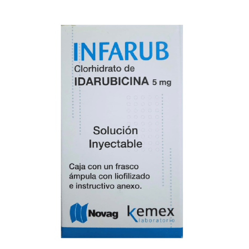 [7798180922139] Infarub Idarubicina Solución Inyectable Cada frasco ámpula contiene: Clorhidrato de idarubicina 5 mg Envase con frasco ámpula con liofilizado o frasco ámpula con 5 ml (1 mg/ml). KEMEX